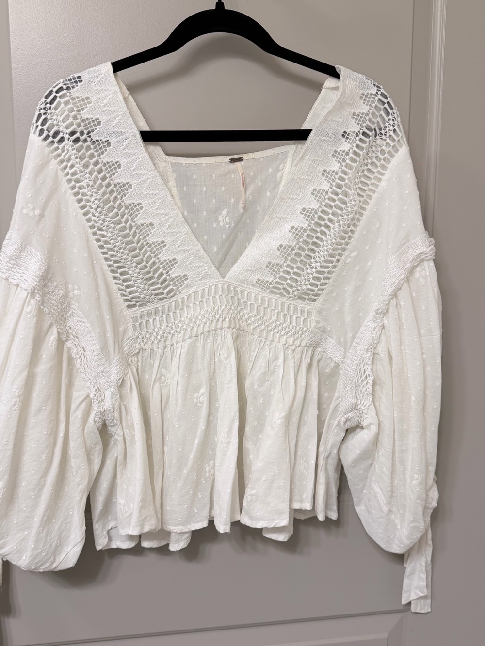 Free People White Crocheted V-Neck Peasant Blouse